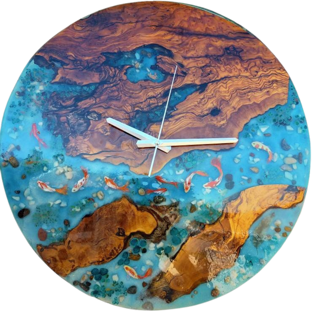 Aquarium Epoxy & Olive Wood Wall Clock resinwoodliving