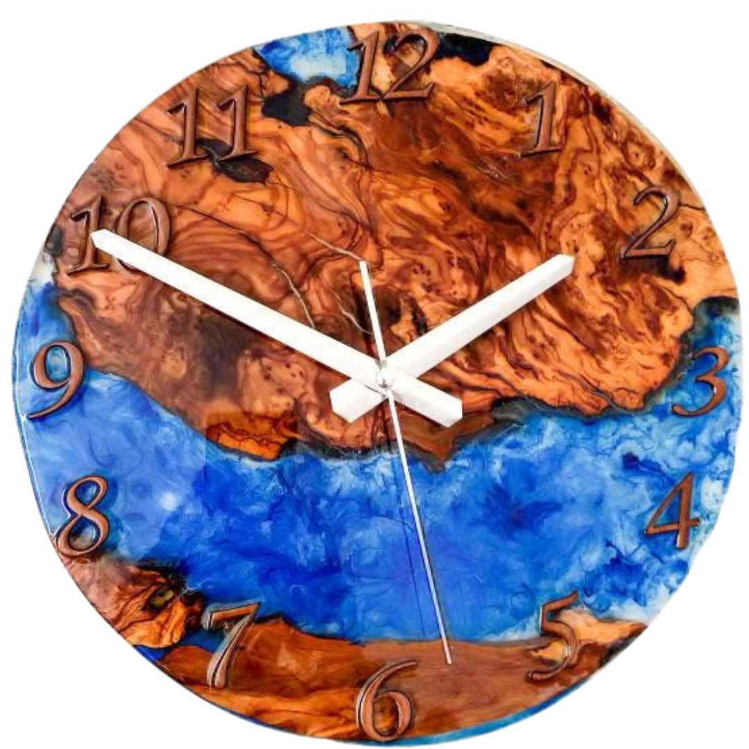 Metallic Color Epoxy & Olive Wood Wall Clock resinwoodliving