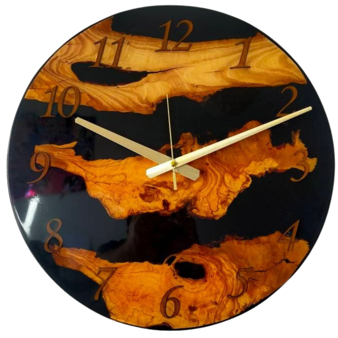 Transparent Epoxy & Olive Wood Wall Clock resinwoodliving