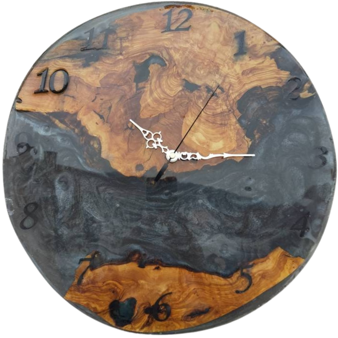 Metallic Color Epoxy & Olive Wood Wall Clock resinwoodliving