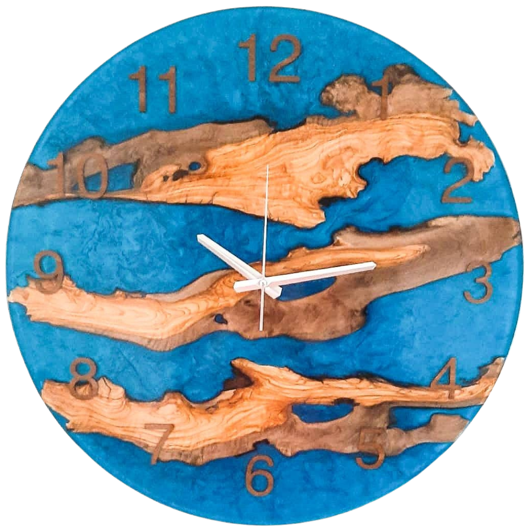 Metallic Color Epoxy & Olive Wood Wall Clock resinwoodliving