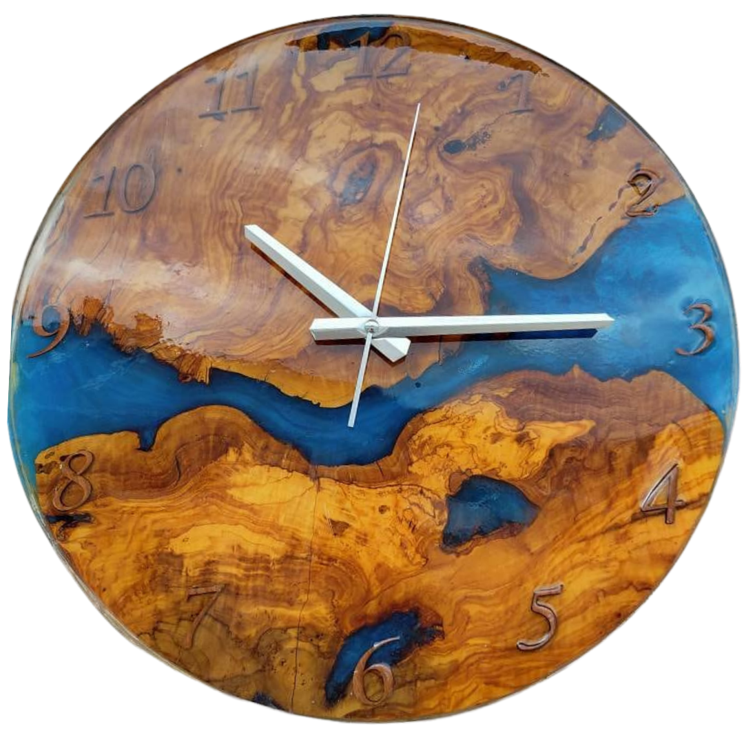 Metallic Color Epoxy & Olive Wood Wall Clock resinwoodliving