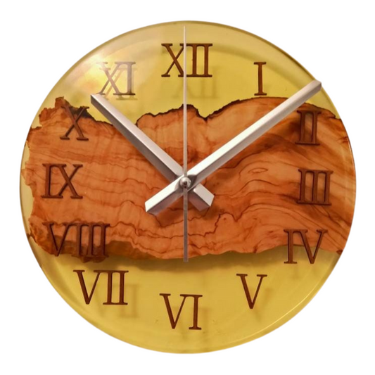 Transparent Epoxy & Olive Wood Wall Clock resinwoodliving