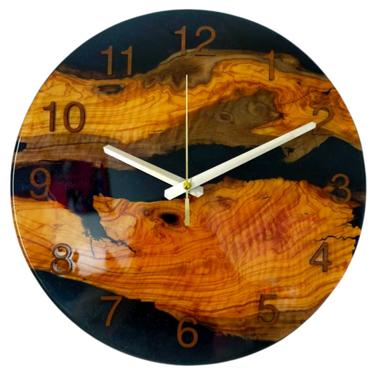 Transparent Epoxy & Olive Wood Wall Clock resinwoodliving