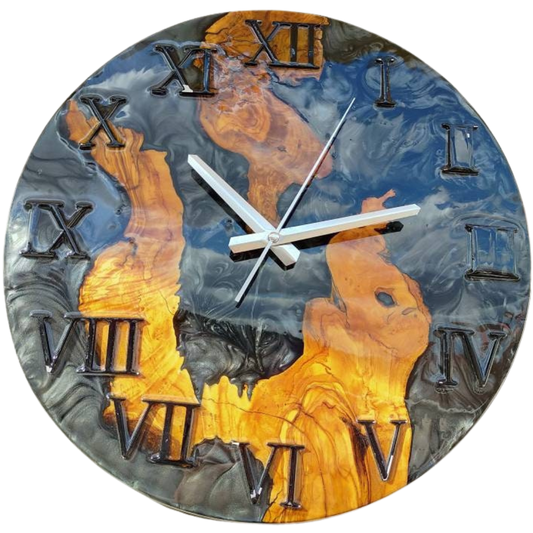 Metallic Color Epoxy & Olive Wood Wall Clock resinwoodliving