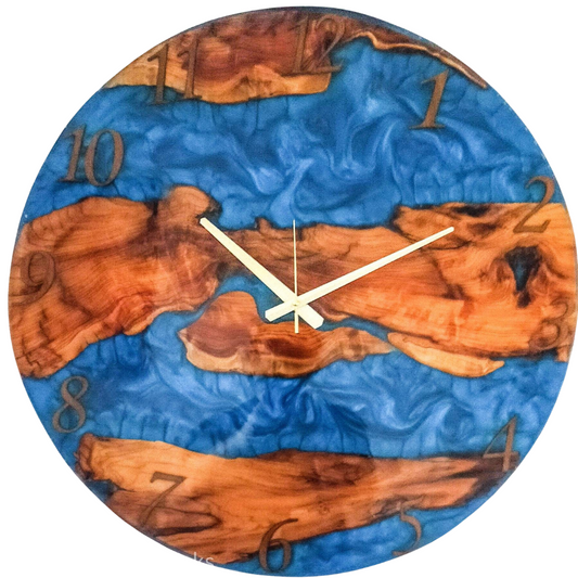 Metallic Color Epoxy & Olive Wood Wall Clock resinwoodliving