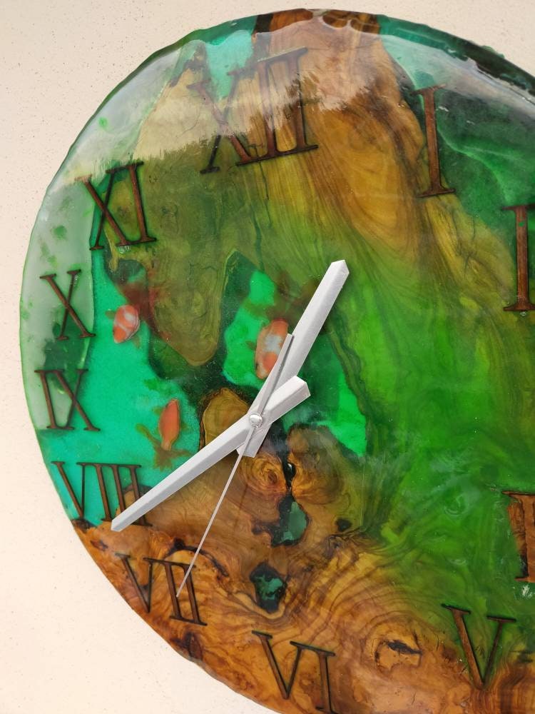 Aquarium Epoxy & Olive Wood Wall Clock resinwoodliving