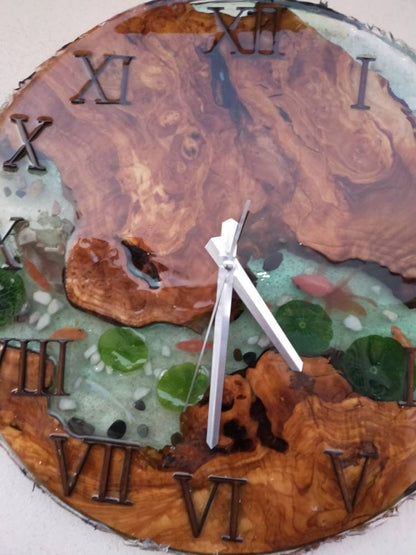 Aquarium Epoxy & Olive Wood Wall Clock resinwoodliving