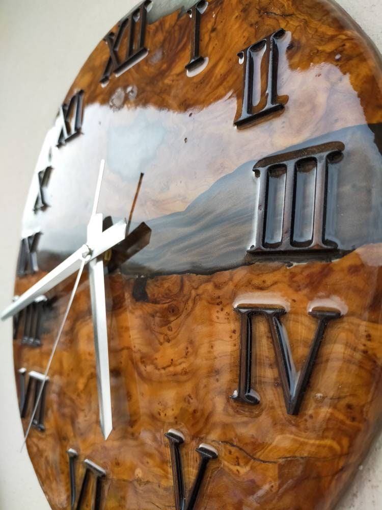 Metallic Color Epoxy & Olive Wood Wall Clock resinwoodliving