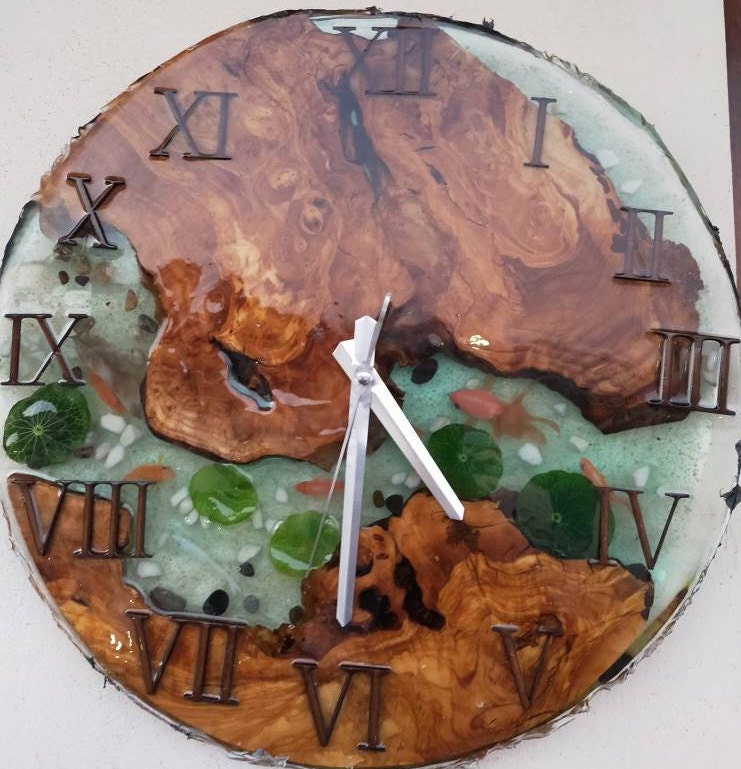 Aquarium Epoxy & Olive Wood Wall Clock resinwoodliving