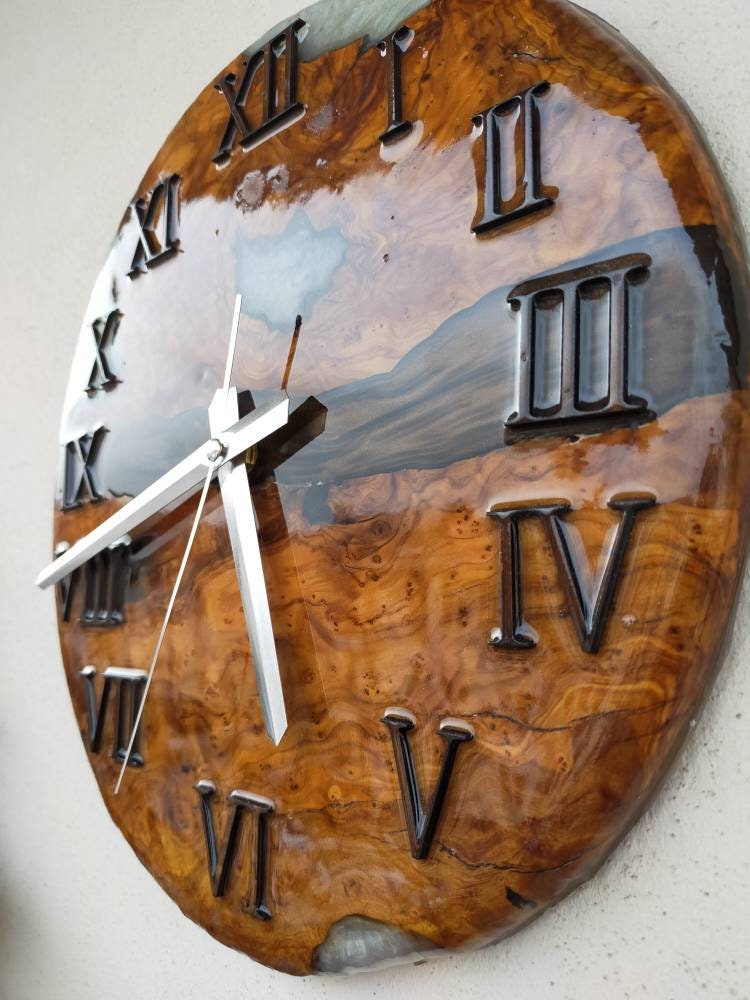 Metallic Color Epoxy & Olive Wood Wall Clock resinwoodliving