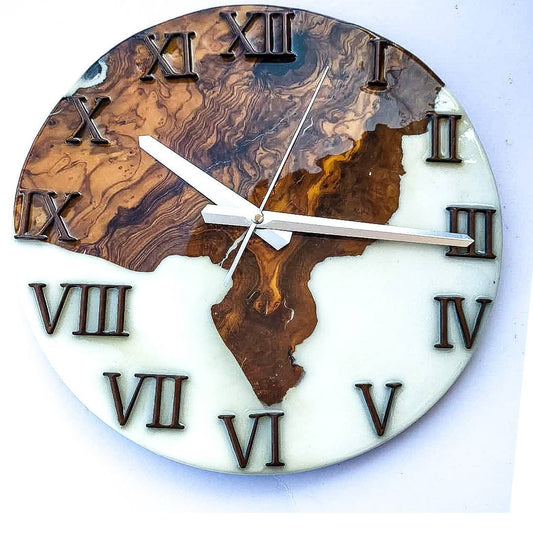 Metallic Color Epoxy & Olive Wood Wall Clock resinwoodliving