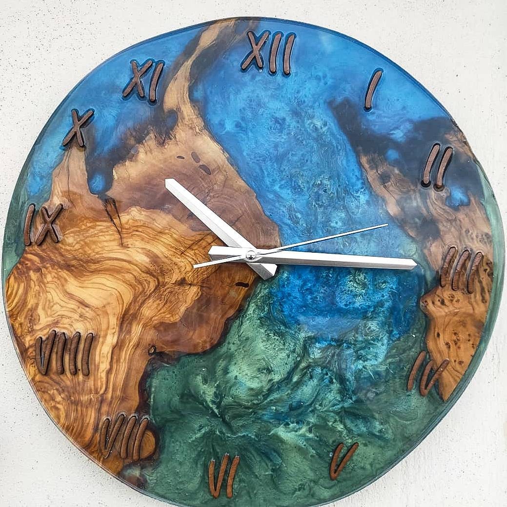 Bicolor Epoxy & Olive Wood Wall Clock resinwoodliving