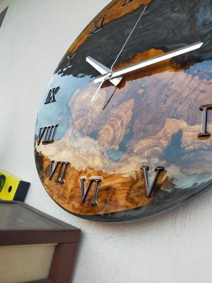 Metallic Color Epoxy & Olive Wood Wall Clock resinwoodliving