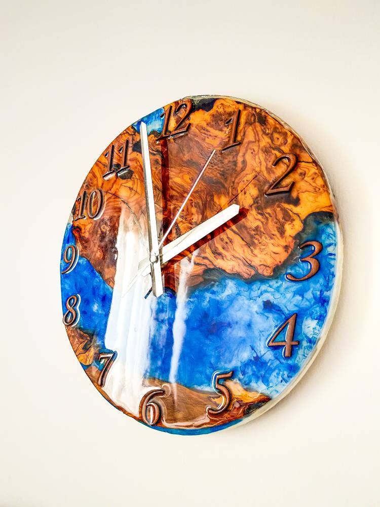 Metallic Color Epoxy & Olive Wood Wall Clock resinwoodliving