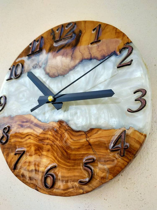 Metallic Color Epoxy & Olive Wood Wall Clock resinwoodliving