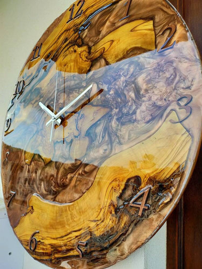 Metallic Color Epoxy & Olive Wood Wall Clock resinwoodliving