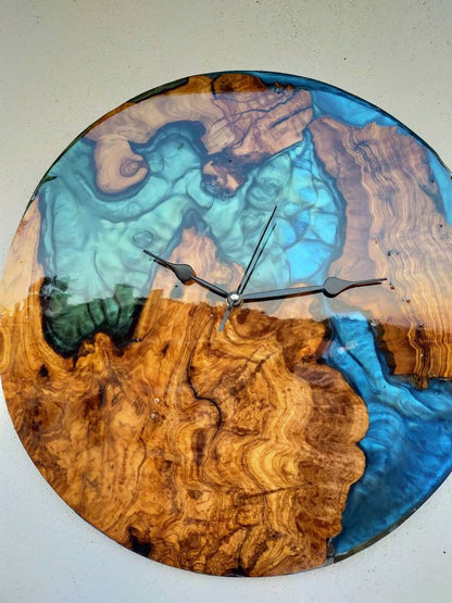 Bicolor Epoxy & Olive Wood Wall Clock resinwoodliving