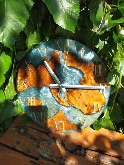 Metallic Color Epoxy & Olive Wood Wall Clock resinwoodliving