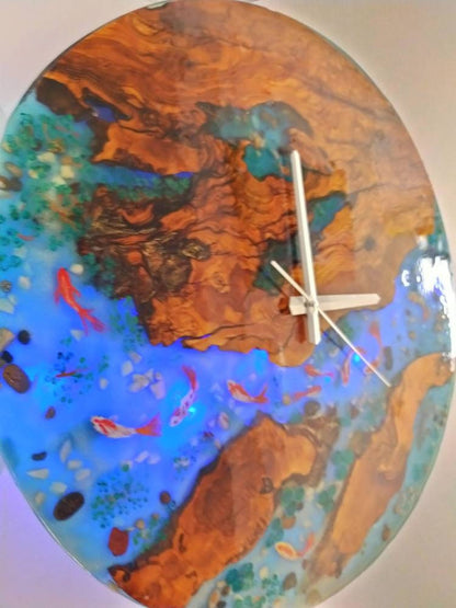 Aquarium Epoxy & Olive Wood Wall Clock resinwoodliving