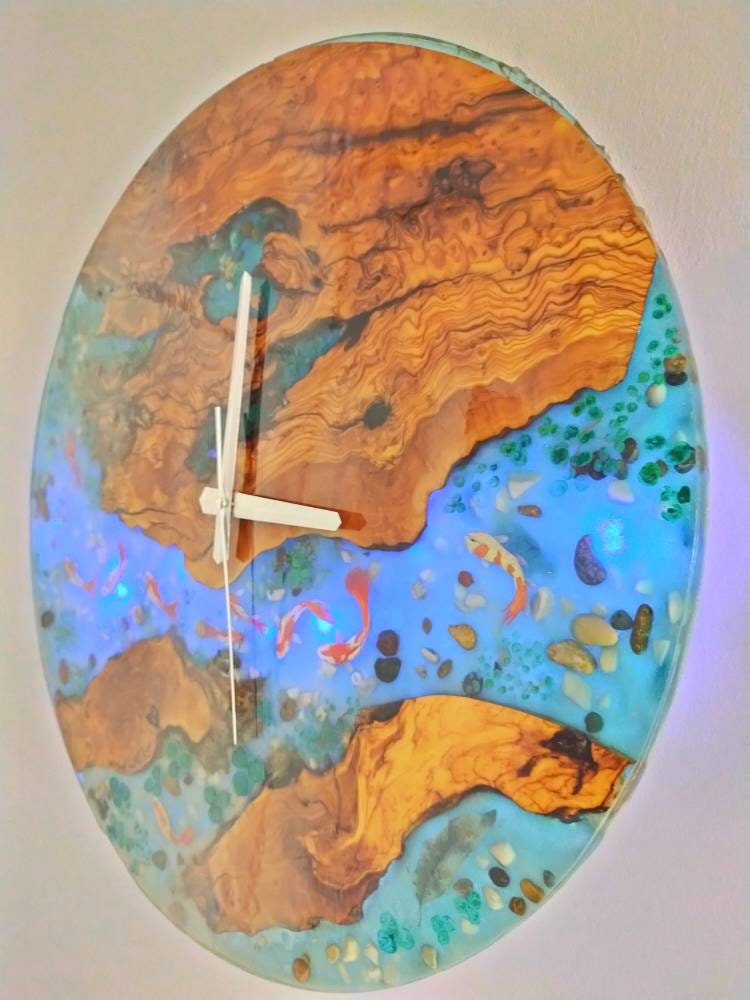 Aquarium Epoxy & Olive Wood Wall Clock resinwoodliving