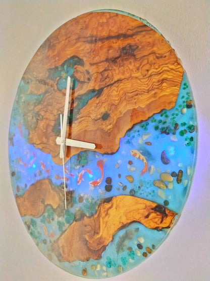 Aquarium Epoxy & Olive Wood Wall Clock resinwoodliving