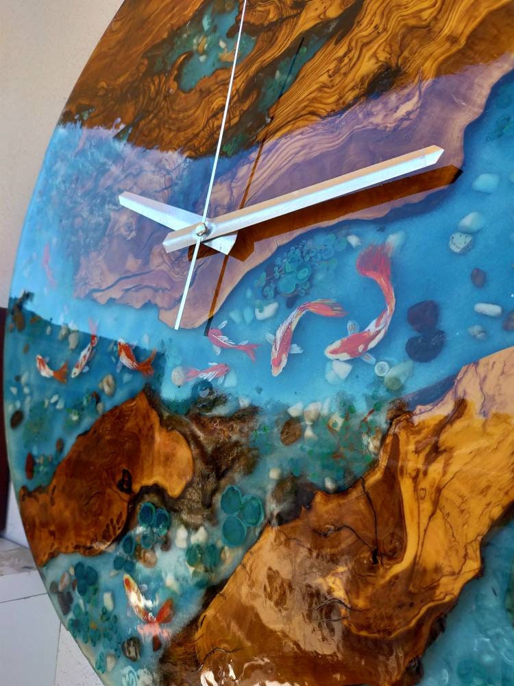 Aquarium Epoxy & Olive Wood Wall Clock resinwoodliving