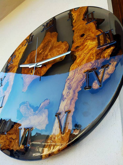 Transparent Epoxy & Olive Wood Wall Clock resinwoodliving