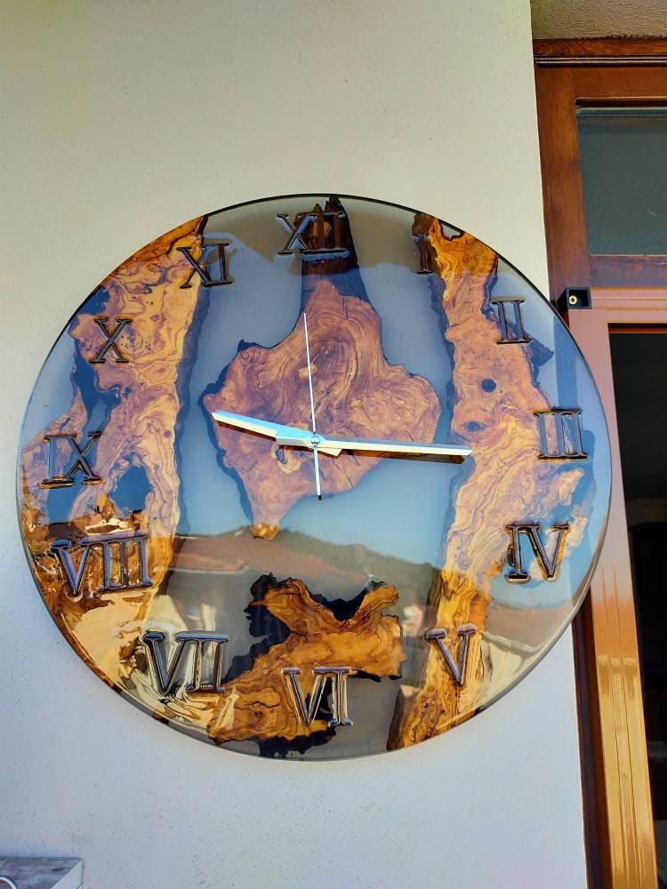 Transparent Epoxy & Olive Wood Wall Clock resinwoodliving