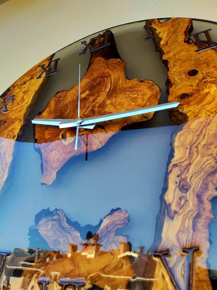 Transparent Epoxy & Olive Wood Wall Clock resinwoodliving