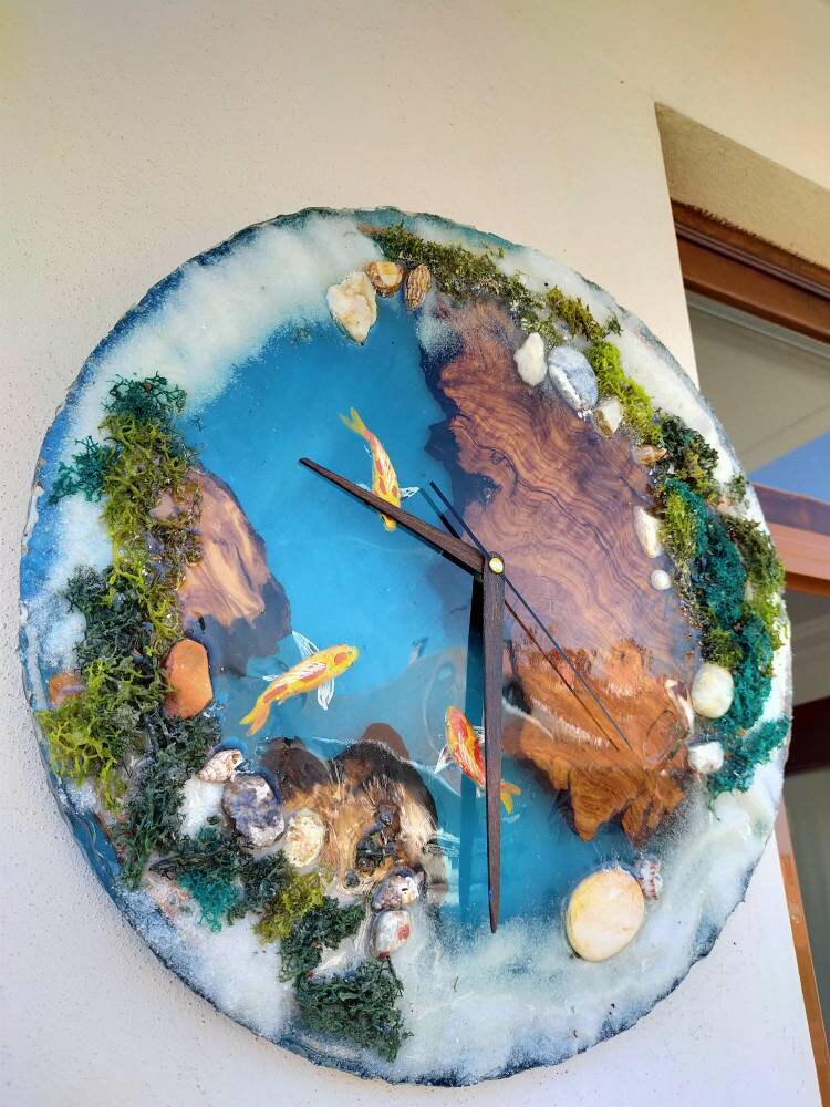 Aquarium Epoxy & Olive Wood Wall Clock resinwoodliving