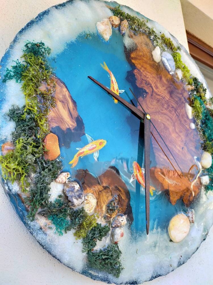 Aquarium Epoxy & Olive Wood Wall Clock resinwoodliving