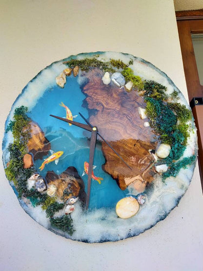 Aquarium Epoxy & Olive Wood Wall Clock resinwoodliving