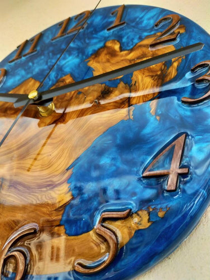 Metallic Color Epoxy & Olive Wood Wall Clock resinwoodliving