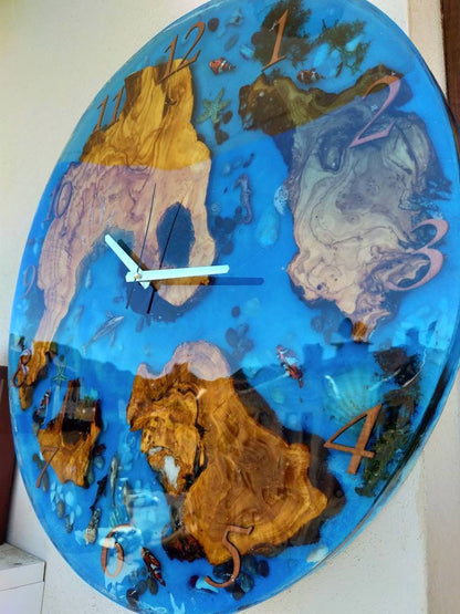 Aquarium Epoxy & Olive Wood Wall Clock resinwoodliving