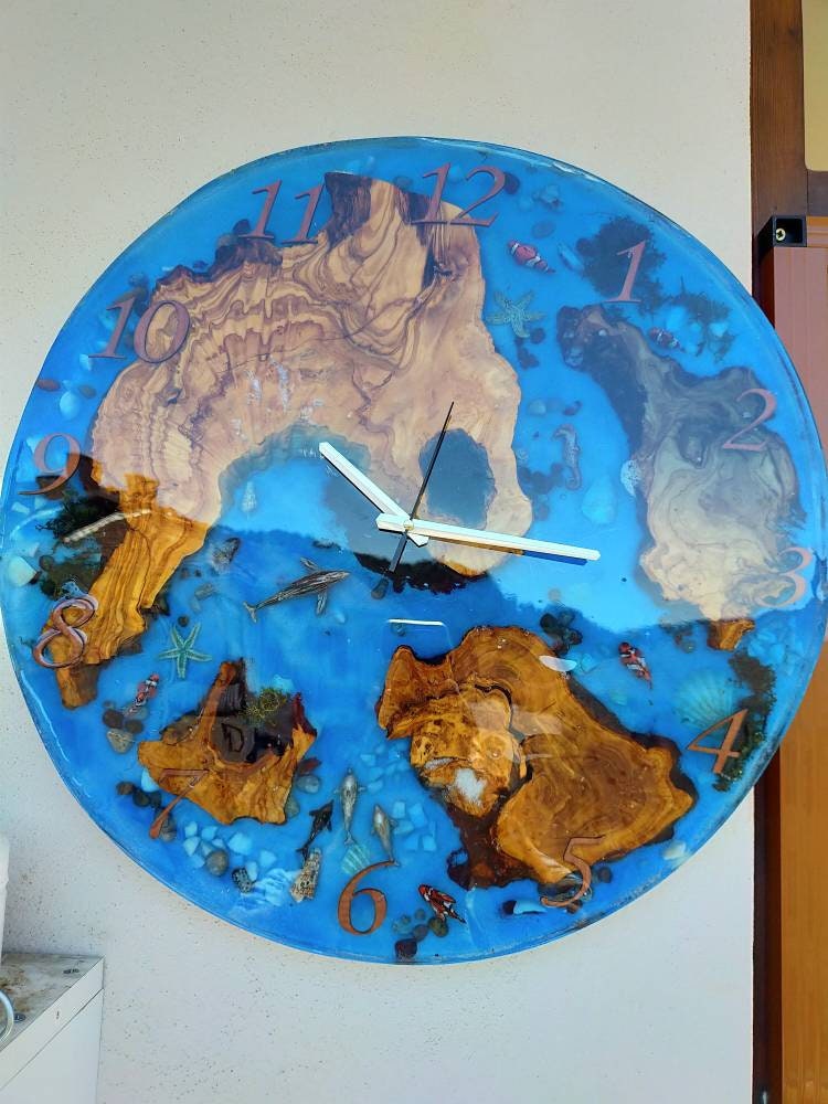 Aquarium Epoxy & Olive Wood Wall Clock resinwoodliving