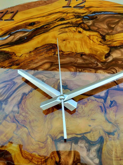 Metallic Color Epoxy & Olive Wood Wall Clock resinwoodliving