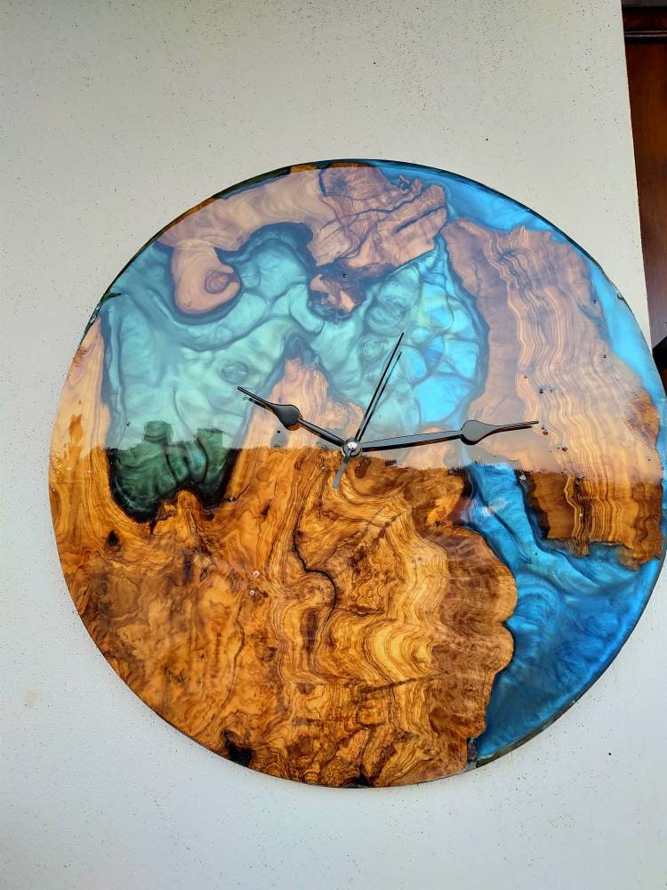 Bicolor Epoxy & Olive Wood Wall Clock resinwoodliving