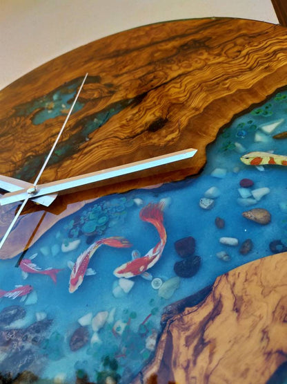 Aquarium Epoxy & Olive Wood Wall Clock resinwoodliving