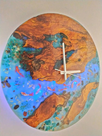 Aquarium Epoxy & Olive Wood Wall Clock resinwoodliving