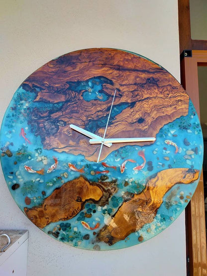 Aquarium Epoxy & Olive Wood Wall Clock resinwoodliving