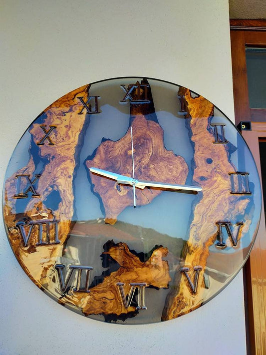 Transparent Epoxy & Olive Wood Wall Clock resinwoodliving