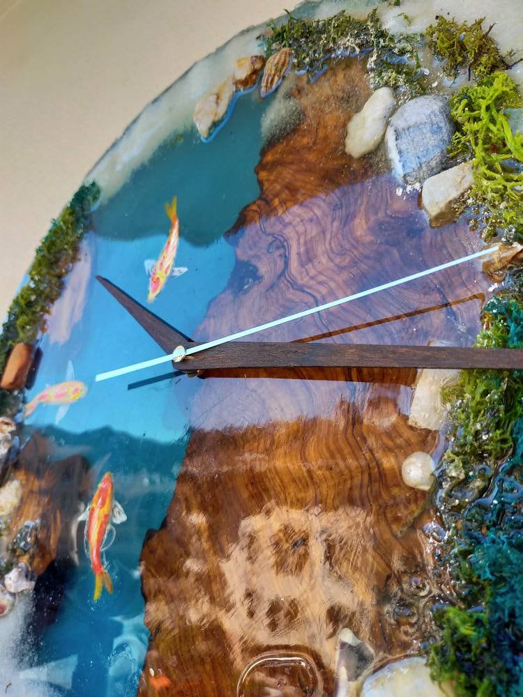 Aquarium Epoxy & Olive Wood Wall Clock resinwoodliving