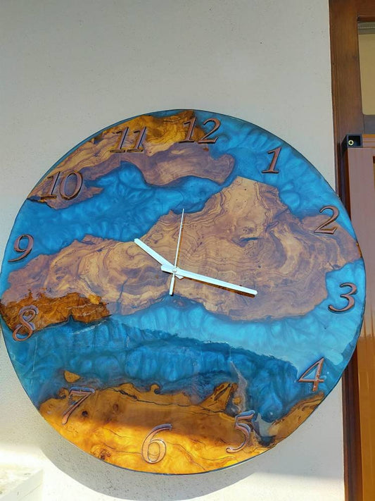 Metallic Color Epoxy & Olive Wood Wall Clock resinwoodliving