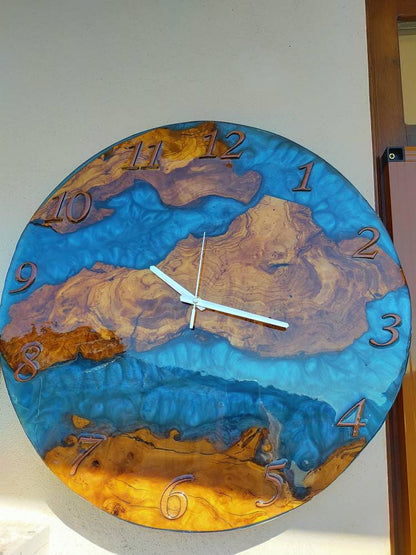 Metallic Color Epoxy & Olive Wood Wall Clock resinwoodliving