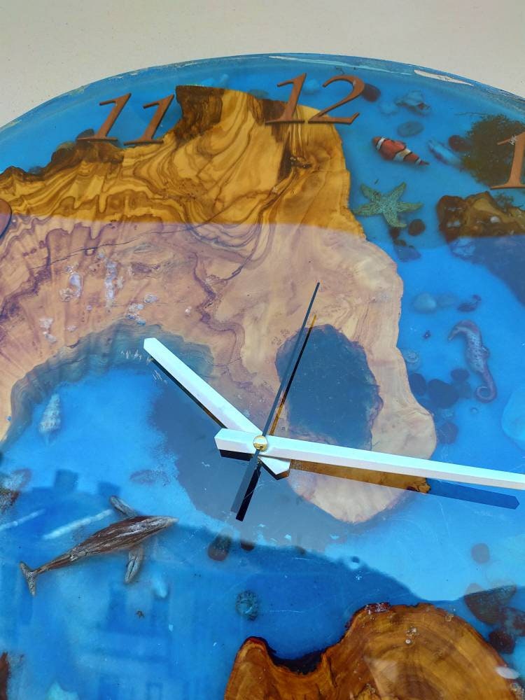 Aquarium Epoxy & Olive Wood Wall Clock resinwoodliving