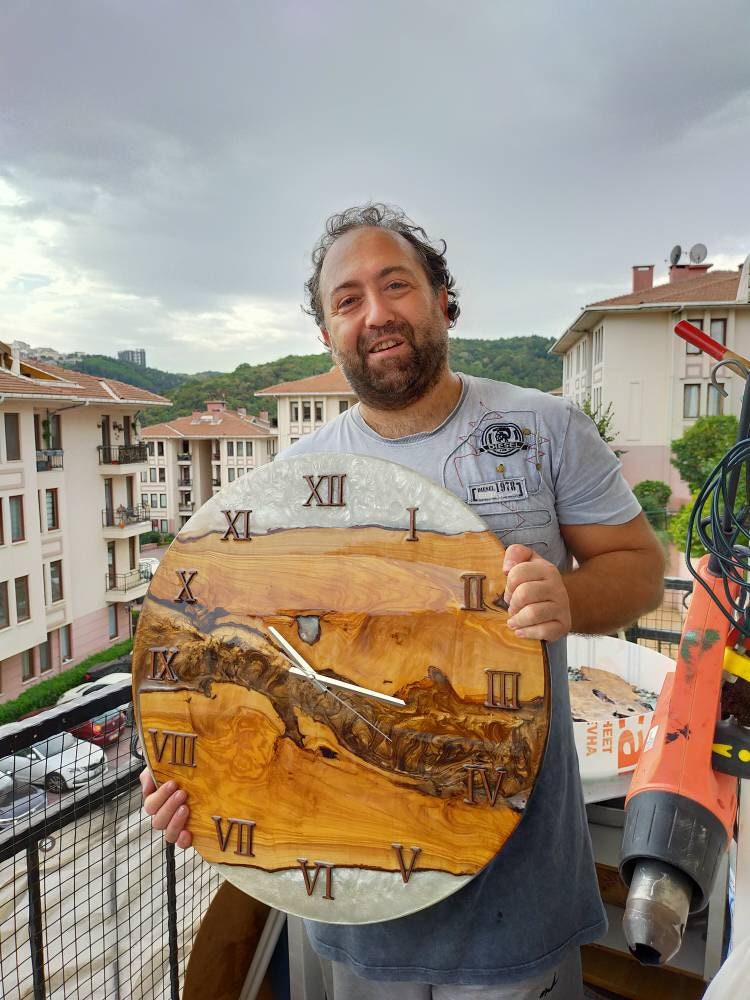 Bicolor Epoxy & Olive Wood Wall Clock resinwoodliving
