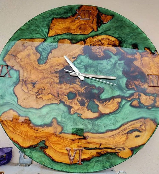 Bicolor Epoxy & Olive Wood Wall Clock resinwoodliving