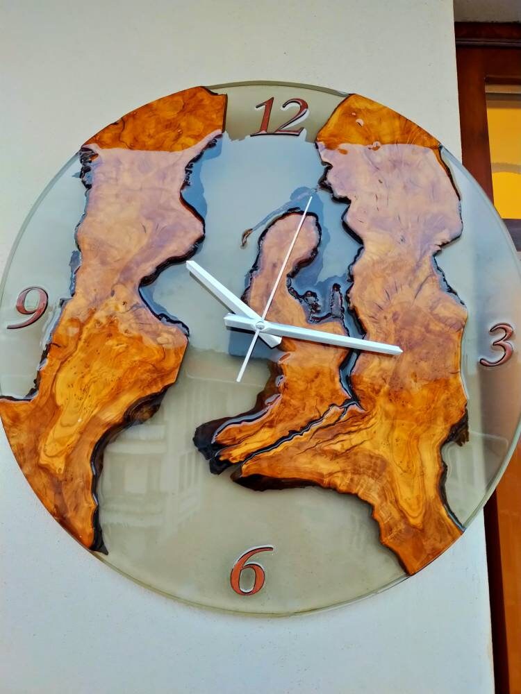 Transparent Epoxy & Olive Wood Wall Clock resinwoodliving