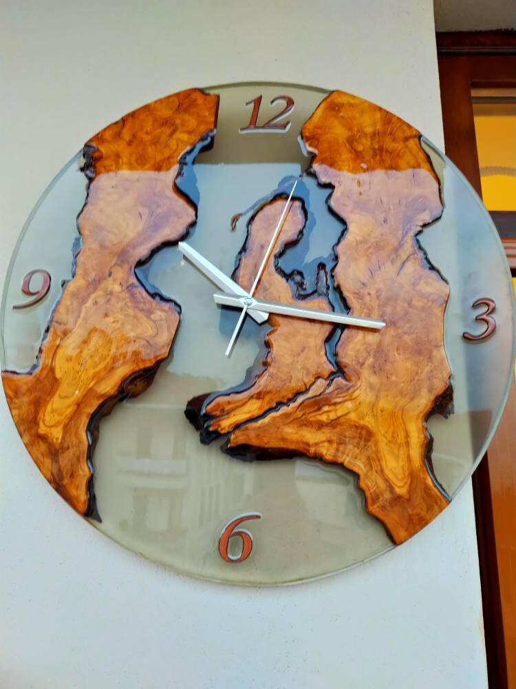 Transparent Epoxy & Olive Wood Wall Clock resinwoodliving